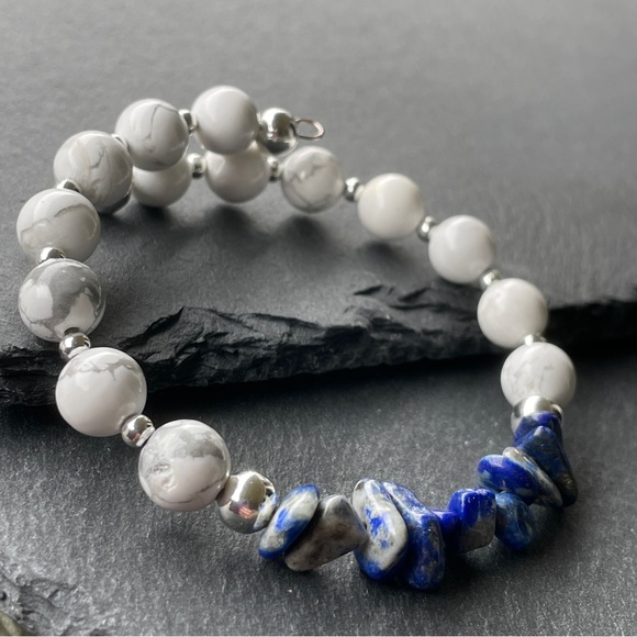 Artisan Natural Lapiz Lazuli And Howlite Gemstone Bracelet Cuff Bangle - Picture 4 of 9